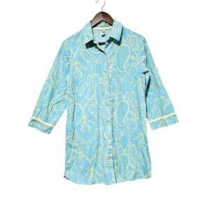 Natori Cruz Asian Button-Up Top Lt. Blue Yellow Paisley Cotton Sz M Casual Boho